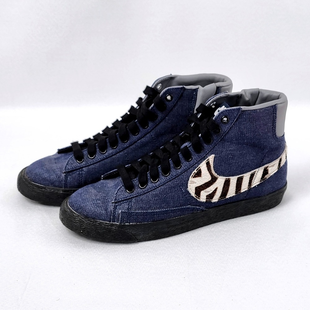 Nike ID Blazer High Top Sneakers Womens Size 9 Custom Denim Canvas Zebra‎ Swoosh